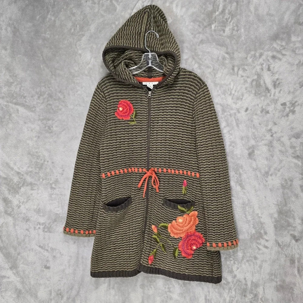 Cabi Longline Hooded Zip Sweater Women M Sage Green Hobo Embroidered Wool Blend